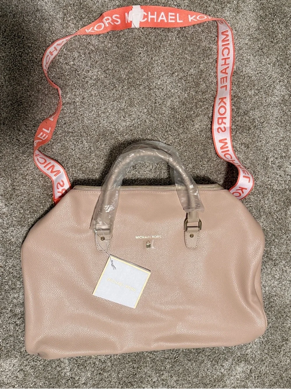 Michael Kors Taupe Pebbled Duffel with Branded Strap